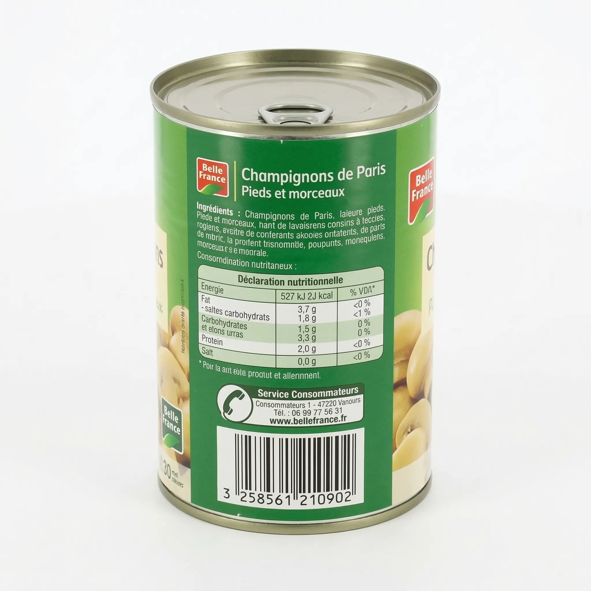 Étiquette arrière conserve champignons Rojet, ingrédients et nutrition